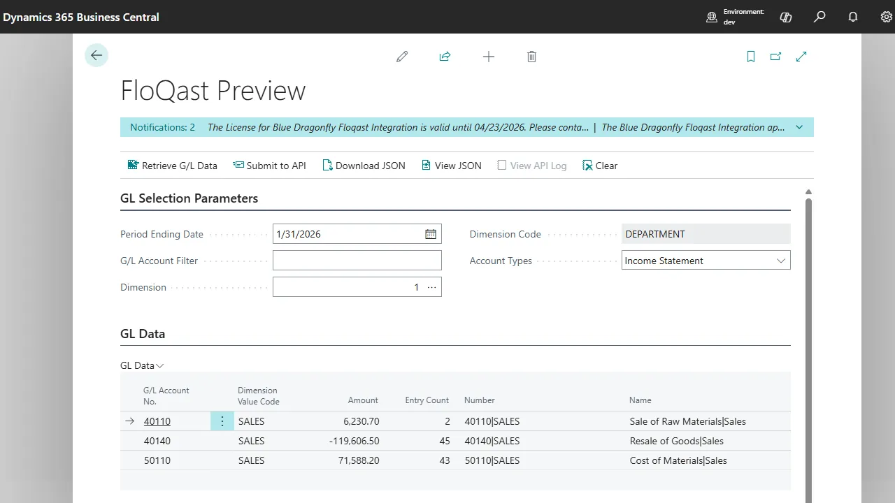 FloQast Preview page showing G/L selection parameters and a grid of extracted G/L data rows with account, dimension, amount, and entry count.