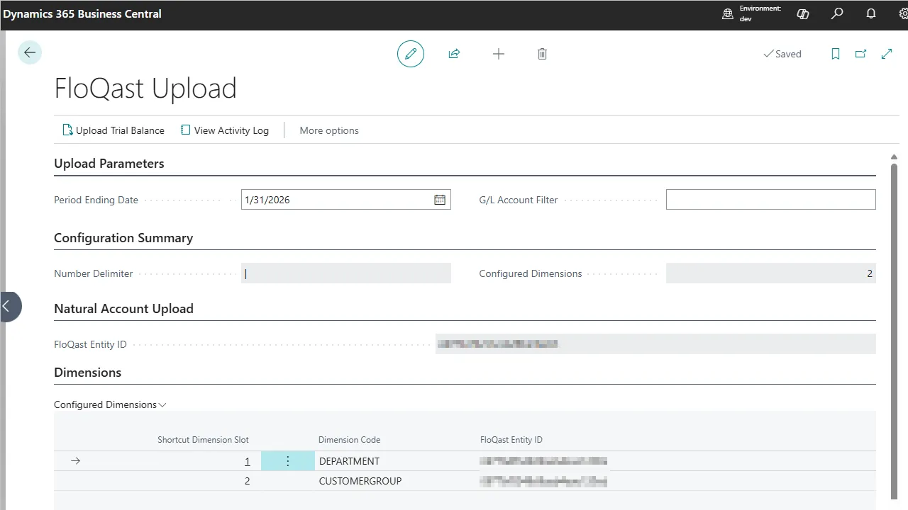 FloQast Upload page in Business Central showing Upload Trial Balance action, period ending date, and configured dimensions.