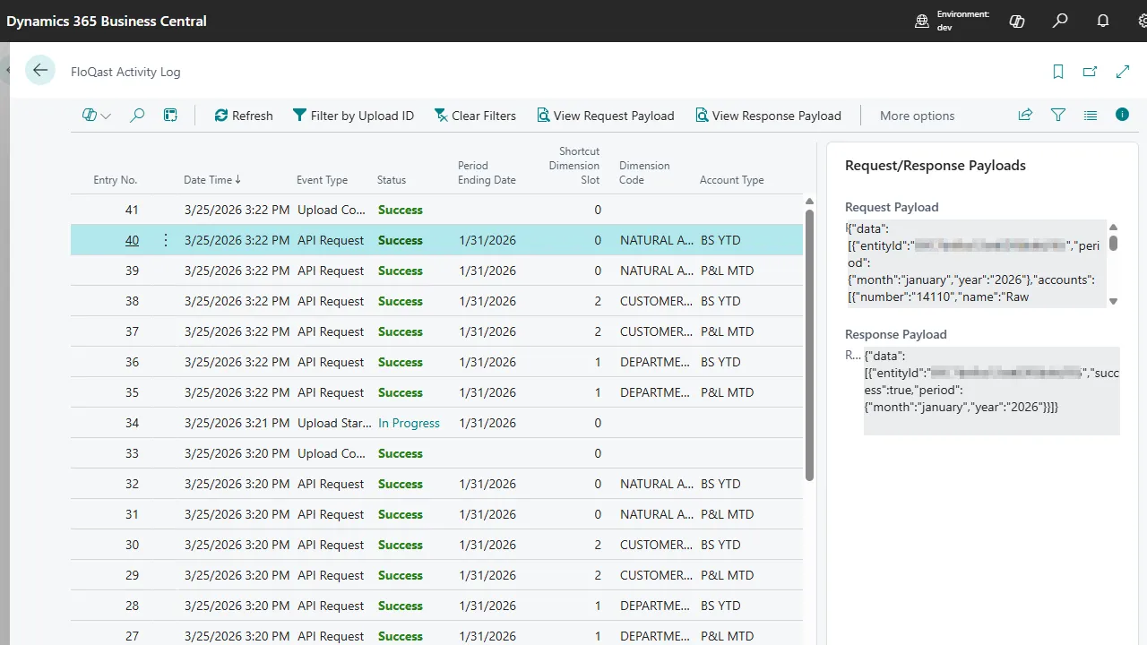 FloQast Activity Log page listing upload API requests with status and timestamps, alongside a Request/Response Payloads panel.