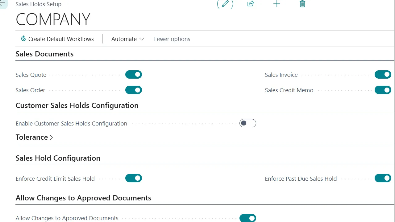 Sales Holds Setup page with toggles for Sales Quote, Order, Invoice, and Credit Memo, plus Customer Sales Holds Configuration and Sales Hold Configuration sections.